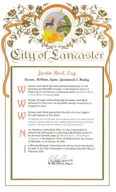 Justin Bosl Award City of Lancaster